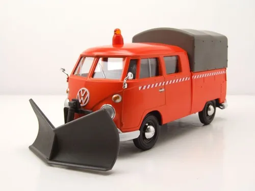 VW T1 Pritsche Plane orange mit Schneepflug - Modellauto 1:24 von Motormax - Modellauto im Maßstab 1:24, detailgetreu mit Schneepflug und in leuchtendem Orange, ideal für Sammler und als Geschenk für VW-Fans.