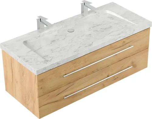 Badmöbel Marmor Carrara White YAMO 130 cm - Badezimmermöbel mit 2 Hahnlöchern, elegantes Marmorwaschbecken und SoftClose-System – eine harmonische Verbindung von Funktionalität und Stil.