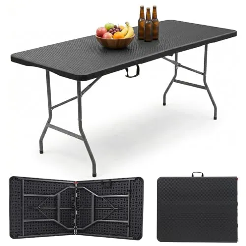 Sekey Klapptisch Campingtisch Rattan Optik | 180x74 cm | Gartentisch Klappbar Tisch Kunststoff 8 Personen | Wetterfest Partytisch Buffettisch mit Tragegriff für Garten Terrasse und Balkon, Schwarz