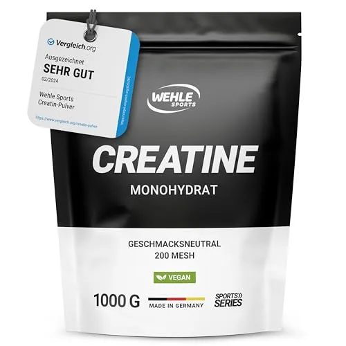 Wehle Sports Creatin Monohydrat 1kg - Hochdosiertes, veganes Kreatin - Aminosäure Kreatin, mikronisierte Qualität für optimale Löslichkeit und schnelle Aufnahme. Unterstützt die körperliche Leistung bei intensivem Training. 100% vegan und ohne Zusatzstoffe.