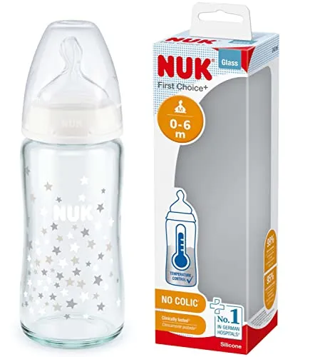 NUK First Choice+ Glasflasche | 0-6 Monate | Temperaturkontrolle | Silikonsauger | Anti-Kolik-Ventil | BPA-frei | 240ml