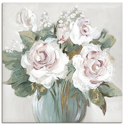 ARTLAND Wanddeko Leinwand Bilder Wandbild 40x40 cm Gemälde Vase Blumen Rose Blüten Blumenstrauß Boho Shabby Chic U2RY