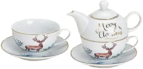Gravuren Feller Tea for One - Porzellan Tee & Kaffee Set - 3 in Eins - Merry Christmas mit Hirsch