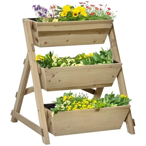 Outsunny Hochbeet Pflanzentreppe aus Tannenholz für Garten und Balkon - Verleihen Sie Ihrem Außenbereich mit dieser stabilen 3-stufigen Pflanzentreppe von Outsunny eine grüne Note. Ideal für Pflanzen und Blumen, sorgt das Vlies im Inneren für optimale Bedingungen und verhindert Bodenerosion.