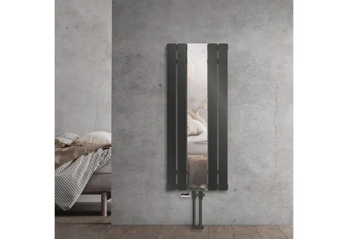 LuxeBath Heizkörper Design Paneelheizkörper Mittelanschluss mit Spiegel, inkl. Montage-Set, Badheizkörper Flach Schwarz, Vertikal Einlagig Heizung Glasheizkörper