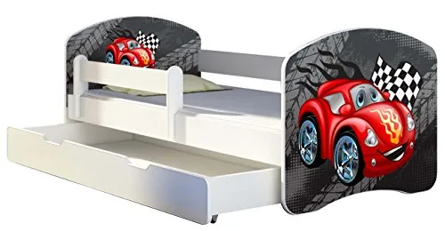 Kinderbett Jugendbett mit einer Schublade und Matratze Weiß ACMA II 140 160 180 40 Design (160x80 cm + Bettkasten, 04 Rote Auto)