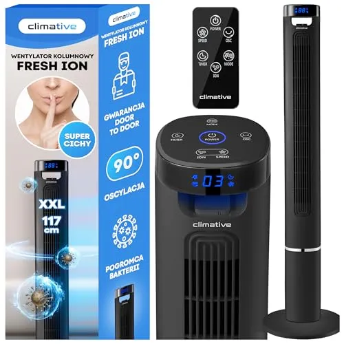 Climative Turmventilator mit Ionisierung Timer 12h Tower Fan 117 cm leiser Ventilator mit Fernbedienung für Wohnzimmer 40m2 Luftkühler Standventilator groß XXL FRESH ION Schwarz