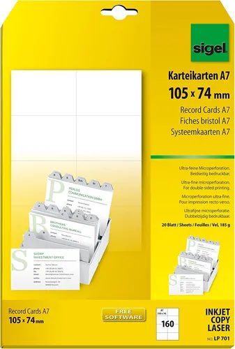 sigel PC Karteikarten A7 (A4) weiß 185 g/qm MP weiß 150 Karteikarten