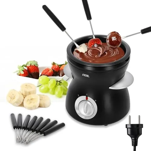ADE elektrisches Schokofondue 500ml mit 8 Spießen - Schoko-Fondue-Set mit 2 Temperaturstufen für perfektes Schmelzen und Warmhalten, ideal für gesellige Schokoladenabende mit Familie und Freunden.