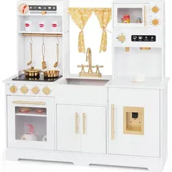 Holz Kinderküche mit Spüle und Mikrowelle - Spielküche aus Holz für Kinder ab 3 Jahren, fördert kreatives Spielen und Rollenspiele im Kinderzimmer.