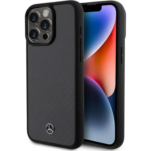 Hülle iPhone 15 Pro Max Mercedes Carbon Optik - Taschen & Schutzhüllen mit exklusivem Mercedes Stern, passgenau für iPhone 15 Pro Max, edles Carbon Design in schwarz/silber, 2 Jahre Garantie