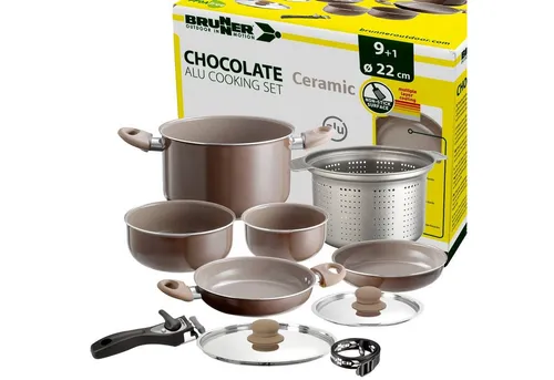 BRUNNER Topf-Set Camping Kochtöpfe Alu CHOCOLATE - Topfsets, platzsparend und stapelbar, ideal für Camping und Outdoor-Aktivitäten, inklusive 9 Teilen für vielseitige Kochmöglichkeiten.