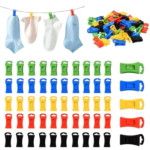 Stück Bunte Sockenklammern für Waschmaschine und Trockner – Rutschfester Sockenclip mit Haken, Mehrzweck-Sockenhalter mit Aufbewahrungstasche, Colourful Sock Clips für Reisen & Camping 50