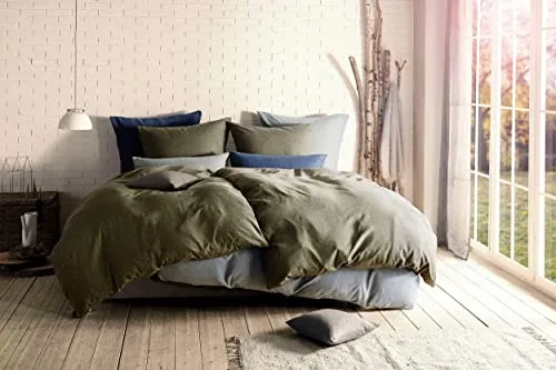 fleuresse Bettwäsche Lech 3089, 3-teilig, Edelflanell aus 100% Baumwolle - Bettwäsche aus weichem Flanell, 3-teilig in oliv, pflegeleicht und OEKO-TEX® zertifiziert für höchsten Schlafkomfort.