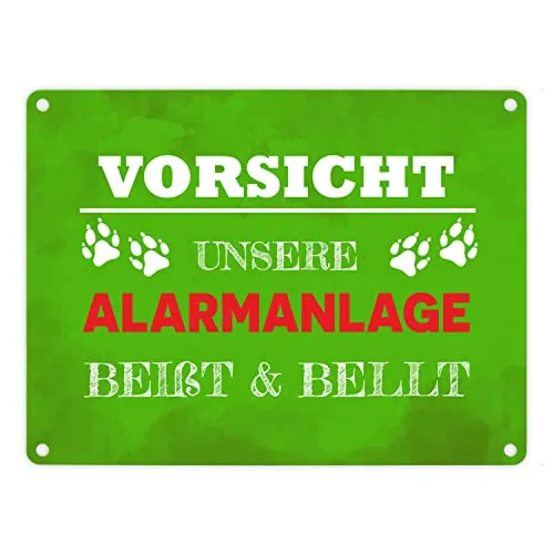 Vorsicht unsere Alarmanlage beißt & bellt Metallschild in 15x20 cm in Grün Dekoration lustiger Spruch Hund Haustier Warnung Einbrecher Hundefreund Geschenkidee