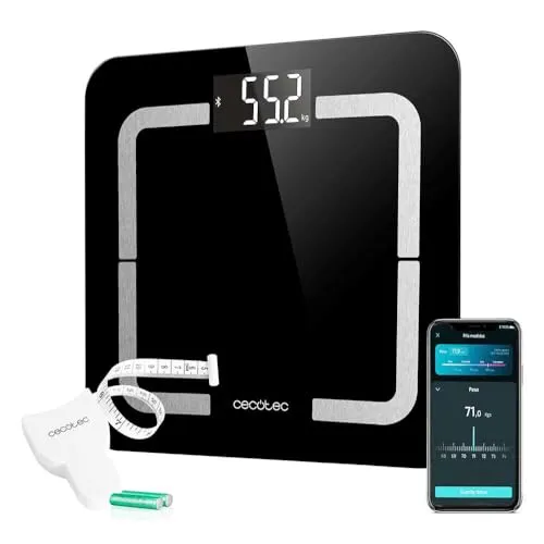 Cecotec Digitale Badezimmerwaage mit APP Surface Precision Smart Healthy. Gehärtetes Glas, Bluetooth, Bioimpedanzmessung mit 10 Parametern, LCD-Display, maximales Gewicht 180 kg, 310x310 mm.
