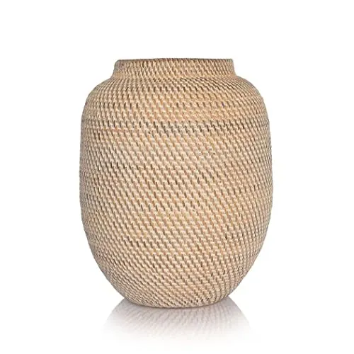 Lestarie Rattan Deko Vase, 40cm Weiß/Natur, Whitewash Design, Ibiza Boho Style Vasen handgefertigt (VA22-01)
