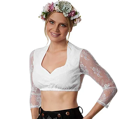 dressforfun 900600 Dirndlbluse, Lange Spitzenärmel mit Blumenmuster, Rücken aus Spitze, kurz, weiß - Diverse Größen - (S | Nr. 303100)