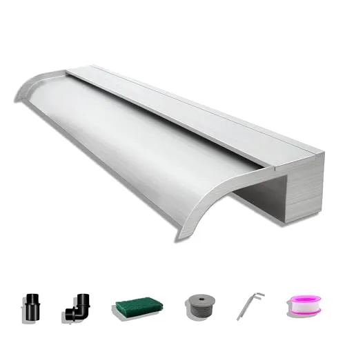 LONGRUNNEW Teich Wasserfallklingen Set, 90 cm Edelstahl Poolfontäne mit Zubehör, Breite 18 cm Gebogene Auslauf Spritzwand für Garten Patio Teichdekoration