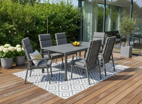 OTTO home Garten-Essgruppe Maruja, 13-tlg. mit 6 Stühlen und Tisch - Die stilvolle Gartenmöbelgarnitur Maruja bietet mit einem eleganten Tisch und sechs bequemen, stapelbaren Stühlen inklusive waschbarer Auflagen alles für gesellige Stunden im Freien. Wetterfest und pflegeleicht für langanhaltende Freude.