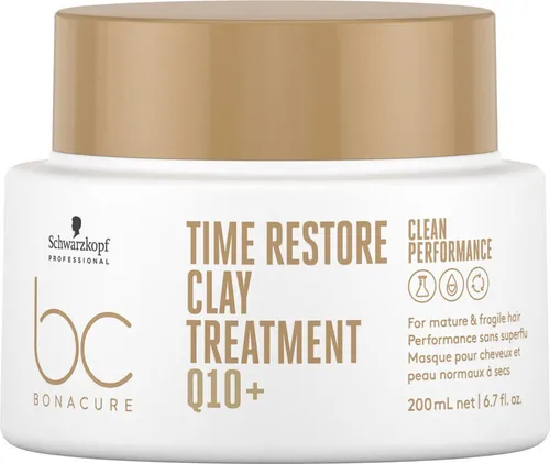 Schwarzkopf Professional BC Bonacure Time Restore Clay Treatment Q10+ Haarmaske 200 ml - Haarmaske für reifes Haar, mit Q10+ für sofortige Geschmeidigkeit und Glanz, veganes Produkt für empfindliches Haar.
