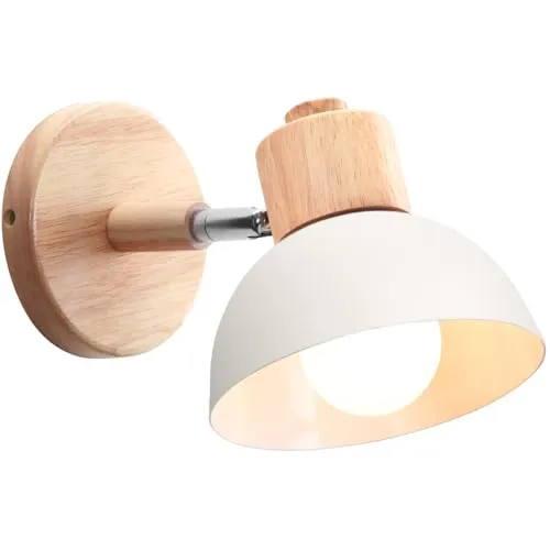 iDEGU Wandleuchte Moderne Innen Wandlampe aus Holz Metall Halbkreis Lampenschirm E27 Verstellbare Wandspot Vintage Lampe für Schlafzimmer Wohnzimmer (1 Stück, Weiß)