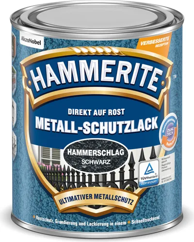 Hammerite Rostschutzfarbe 3in1 Hammerschlag schwarz glänzend 0,75l - Vielseitige Rostschutzfarbe mit Hammerschlag-Effekt. Ideal für Metalloberflächen, direkt auf Rost anwendbar. Wetter- und UV-beständig, sorgt für zuverlässigen Schutz.