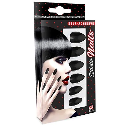 W WIDMANN MILANO Party Fashion 05341 - Fingernägel Set Stiletto, 12 Stück, Schwarz, selbstklebend, Accessoire, Karneval, Mottoparty, Halloween
