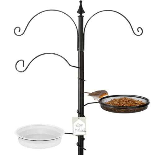 WILDLIFE HOME Vogel Futterstation aus wetterfestem Metall, Höhe 195cm - Komplettset inkl. Vogeltränke und Futterteller für Mehlwürmer Körner Erdnüsse, Vogelbad Schwarz