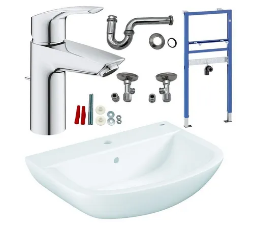 Geberit Waschbecken Komplettset mit Grohe Armatur und Siphon - Praktisches Komplettset für die Badinstallation: Geberit Vorwandelement, Grohe Waschtischarmatur und Siphon. Einfache Montage und hochwertige Materialien für modernes Baddesign.