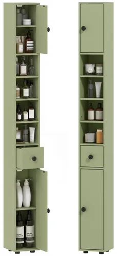 kleankin Hochschrank für Badezimmer, schmaler Toilettenschrank mit Schublade und 4 offenen Fächern, 180 x 20 x 20 cm, Grün