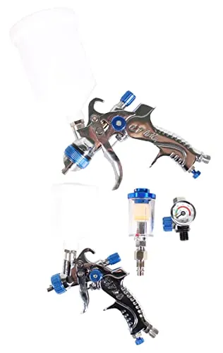 WELDINGER HVLP-Spritzpistolensortiment - Set mit zwei hochwertigen Druckluft-Farbspritzpistolen für sauberen Farbauftrag. Inklusive Druckregler, Wasserabscheider und Zubehör für optimale Ergebnisse.