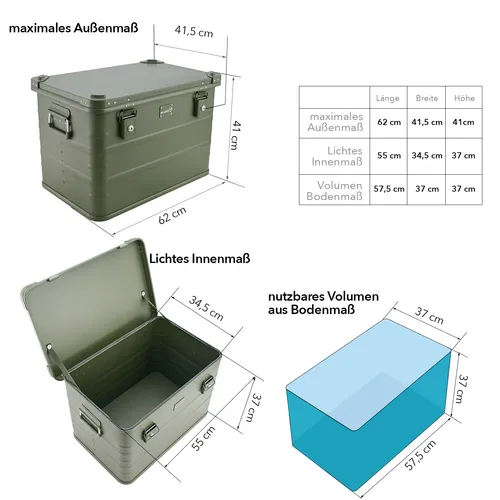 ALUBOX 78 Liter - Grüne Aluminium Transportbox mit Deckel - Robuste Aufbewahrungsbox aus Aluminium mit 78 Litern Volumen, ideal für Camping und Industrie. Mit Zylinderschlössern und stoßfester Beschichtung schützt sie Ihre Güter zuverlässig.