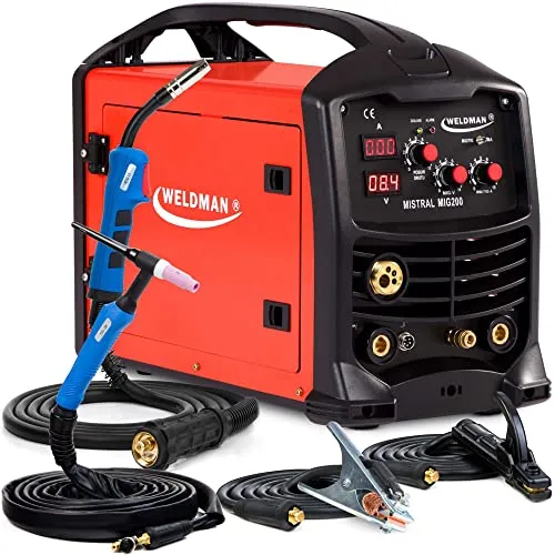 Weldman Mistral MIG 200-200A 3 in 1 MIG MAG Schutzgasschweißgerät von 2 Gasflaschen mit 2 Schweißbrennern (WIG und MIG)