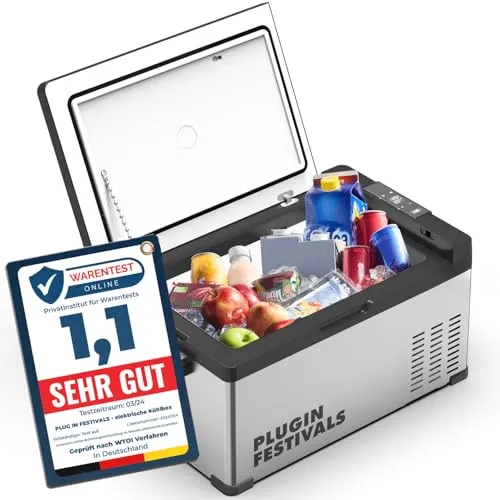PLUG IN FESTIVALS - Elektrische Kühlbox mit Kompressor - Haushaltsgroßgeräte: Diese 25L Kühlbox bietet eine hervorragende Kühlleistung von -20°C und ist ideal für Camping, Festivals und Bootstouren. Mit App-Steuerung und energiesparenden Modi.