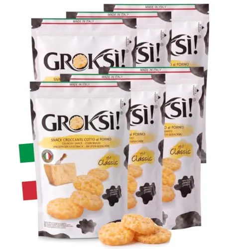 GROKSi! Classico 6x 60g glutenfrei ohne Kohlenhydrate Snack aus Italien Käse Parmesan Cracker Protein Italienischer Hartkäse | insgesamt 360 g
