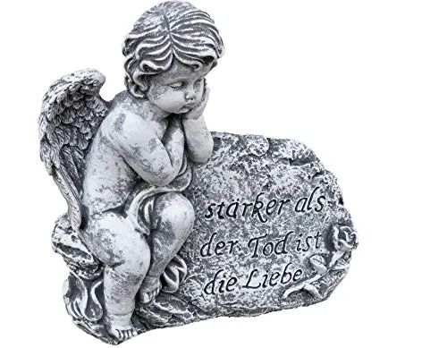 stoneandstyle Grabschmuck Steinfigur Engel am Fels mit Trauerspruch, massiver Steinguss, Frost- und wetterfest