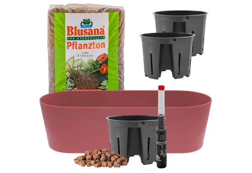 LENI Jardiniere Blumentopf länglich Pflanzkasten 36 cm lang Kräuter & Zimmerpflanzen (Komplettes Starter Set Selbstbewässerungstopf, mit 3 x Kulturtopf, 1 x Wasserstandsanzeiger, 5l Pflanzton), Übertopf ohne Loch für Hydrokultur & Erde, perfekt als Kräuter-Topf
