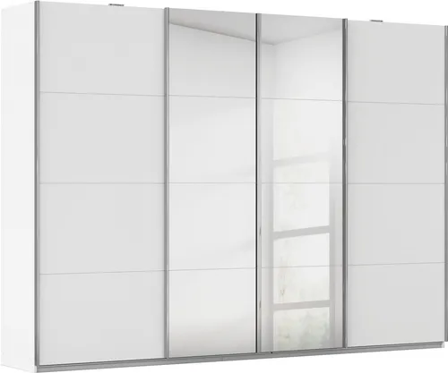 Carryhome Schwebetürenschrank in Weiß, 316 cm mit Spiegel - Kleiderschrank mit 8 Fächern und 4 Schwebetüren, inklusive Spiegel für optimalen Überblick und viel Stauraum für Kleidung. Hergestellt in Deutschland, ideal für moderne Schlafzimmer.