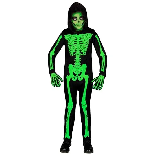 W WIDMANN MILANO Party Fashion - Kinderkostüm Skelett, leuchtender UV-Overall mit Kapuze für Halloween, Größe 158 cm