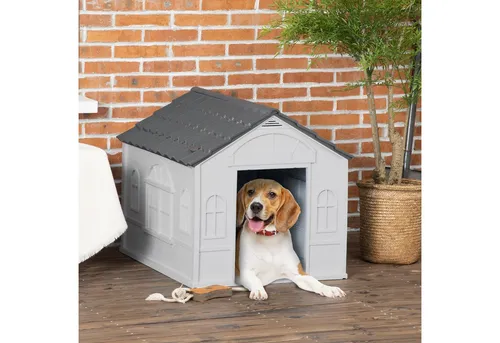 PawHut Hundehütte mit Satteldach für mittelgroße Hunde - Wetterfeste Hundehütte im Cottage-Stil für Hunde bis 20 kg. Hergestellt aus langlebigem, ungiftigem Polypropylen, sorgt sie für optimalen Komfort und Sicherheit im Freien.