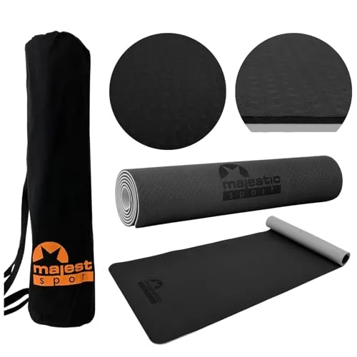 MAJESTIC SPORT Gymnastikmatte, Yogamatte Inkl. Tragetasche aus Baumwolle, rutschfest Trainingsmatte für Fitness Sportmatte, Pilates & Gymnastik TPE 183 x 61 x 0,6 cm Grau.