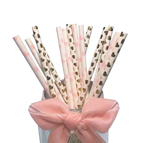 Rosa Gold Herz Papier Trinkhalme, 19.7 cm Long, 100 Stück/Set Biologisch Abbaubar Herz Pastellfarben Papier Strohhalme Einweg Geeignet für Partys, Hochzeiten und Anlässe, Party