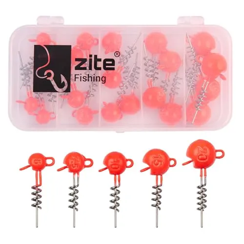 Zite Fishing Screw-In Jigkopf Sortiment UV-Aktiv | 25 Stück in Sortierbox | 5g, 7,5g, 10g, 15g, 20g | Spiral-Jigköpfe mit Doppel-Öse & UV-Kopf | Perfekt für Barsch, Zander, Hecht & Wels