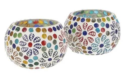 GURU SHOP 2 Handgearbeitete Glas Mosaik Windlichter, Romantisches Windlicht, Mosaik Teelicht, Vintage Teelichthalter - Set 5, 6x9x9 cm