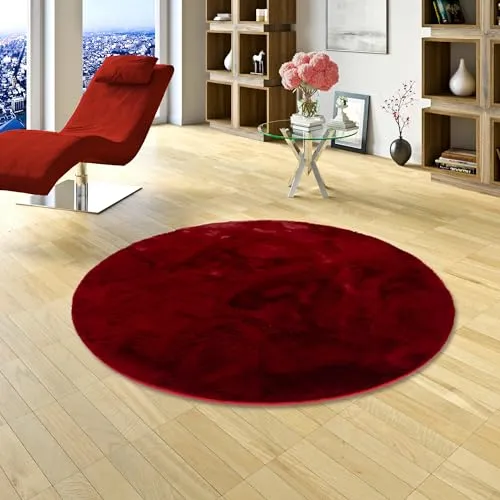 Luxus Super Soft Kunstfell Teppich Rund in Rot – 3 Größen - Weicher Teppich aus 100% Polyester, schadstoffgeprüft nach Öko-Tex Standard 100. Ideal für Fußbodenheizung und parkettfreundlich, ohne Fusseln. Verfügbar in drei Größen für jeden Raum.