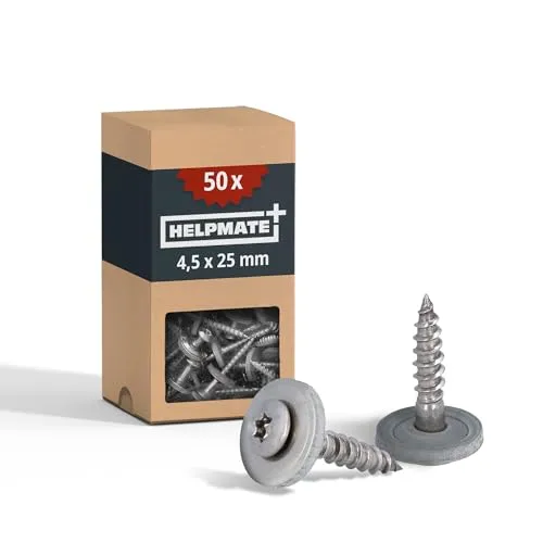 HELPMATE Spenglerschrauben 4,5x25 mm, 50 Stück, DIN 7995, Edelstahl A2, T20, DIN 7995, Dachdeckerschrauben, Linsenkopf, mit Tellerscheibe und EPDM-Dichtscheibe, Silber, 4,5 x 25 mm