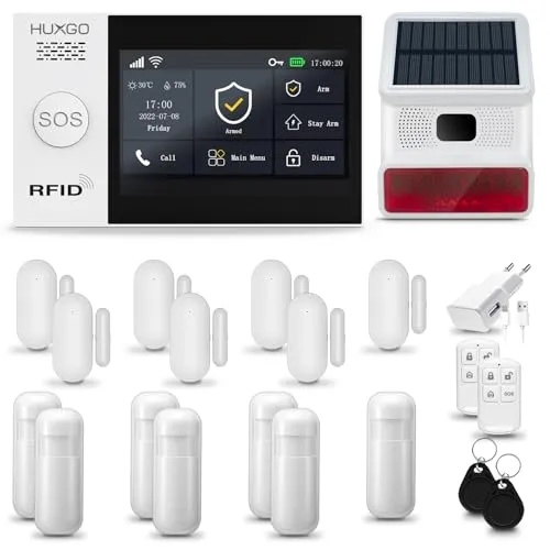 HUXGO HXA007 Hausalarm mit Sirene, kabellos, WiFi + GSM | Hausalarm-Set mit 7 x Bewegungsmeldern, 7 x Tür- und Fenstersensoren | TUYA intelligente App