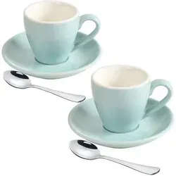 ionEgg Espresso-Tassen-Set Blau, 2er-Set mit Untertassen und Löffeln