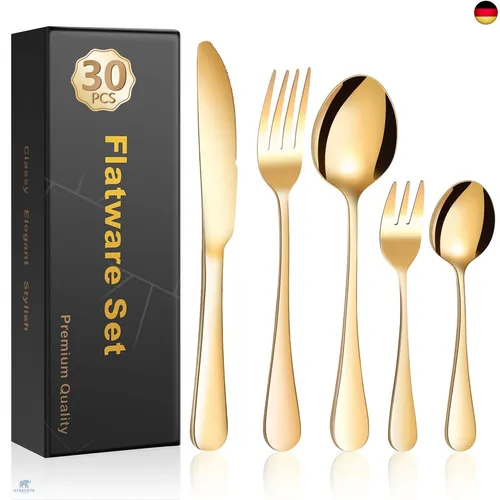 Cinnani Gold Besteck Set 6 Personen, 30 Teilig Edelstahl Besteckset, Essbesteck